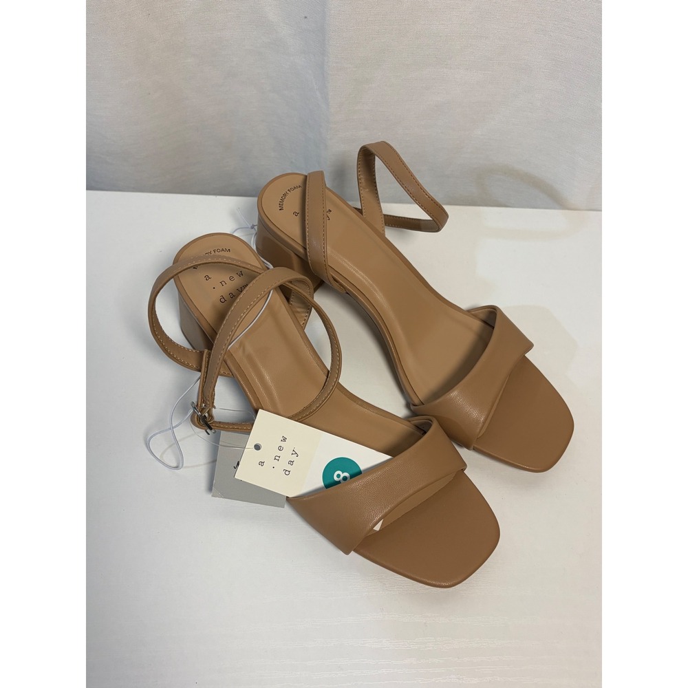 A New Day Womens Ema Square Toe Block Heel Strappy Sandals Tan Brown Size 8